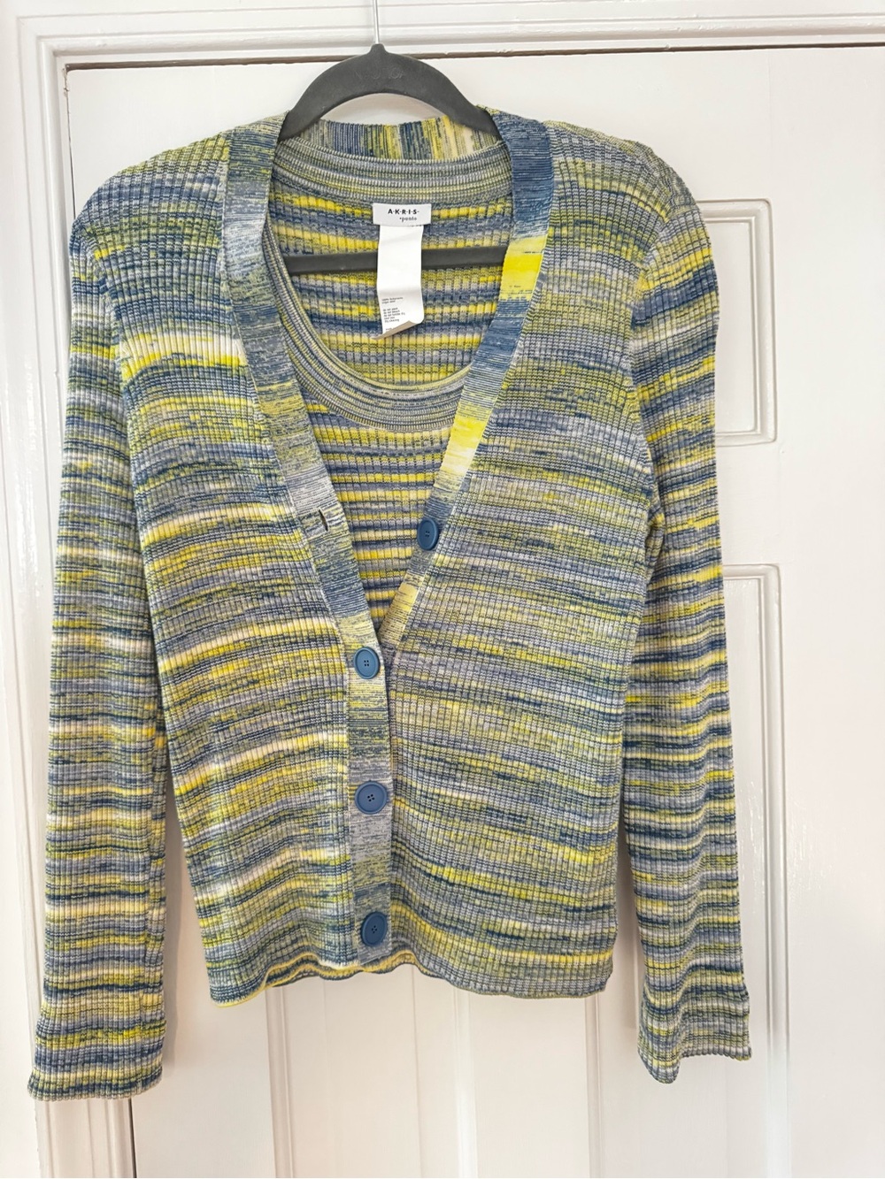 Akris Punto Blue & Yellow Ribbed Button-Front Cardigan Set, US 12